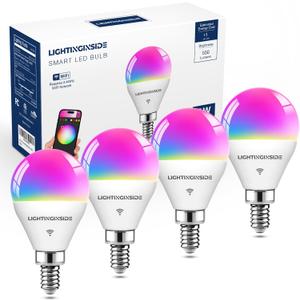 E12 Smart Light Bulbs 50W Equivalent, WiFi G16 1/2 RGBCW Candelabra Ceiling Fan Smart Bulb Compatible with Alexa/Google Assistant/Smart Life, 5W 550LM, 2.4G WiFi Only, ETL Listed, 4PCS