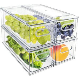 MineSign 4Pack Stackable Fridge Drawers Pull-out Storage Bins with Handle Clear Food Container for Refrigerator Plastic Dresser Organizer Fruit&Veggie Keeper for Freezer Cabinet Kitchen Organization