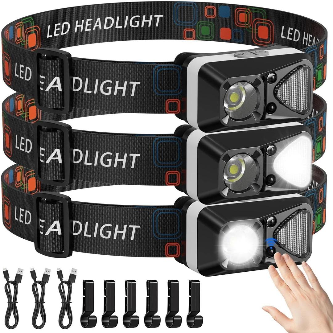 LED Headlamp Rechargeable with Motion Sensor, Headlamps for Adults Rechargeable with White Red Light Waterproof 6 Modes for Outdoor Camping Running Hard Hat Fishing Repair, 3 Pack