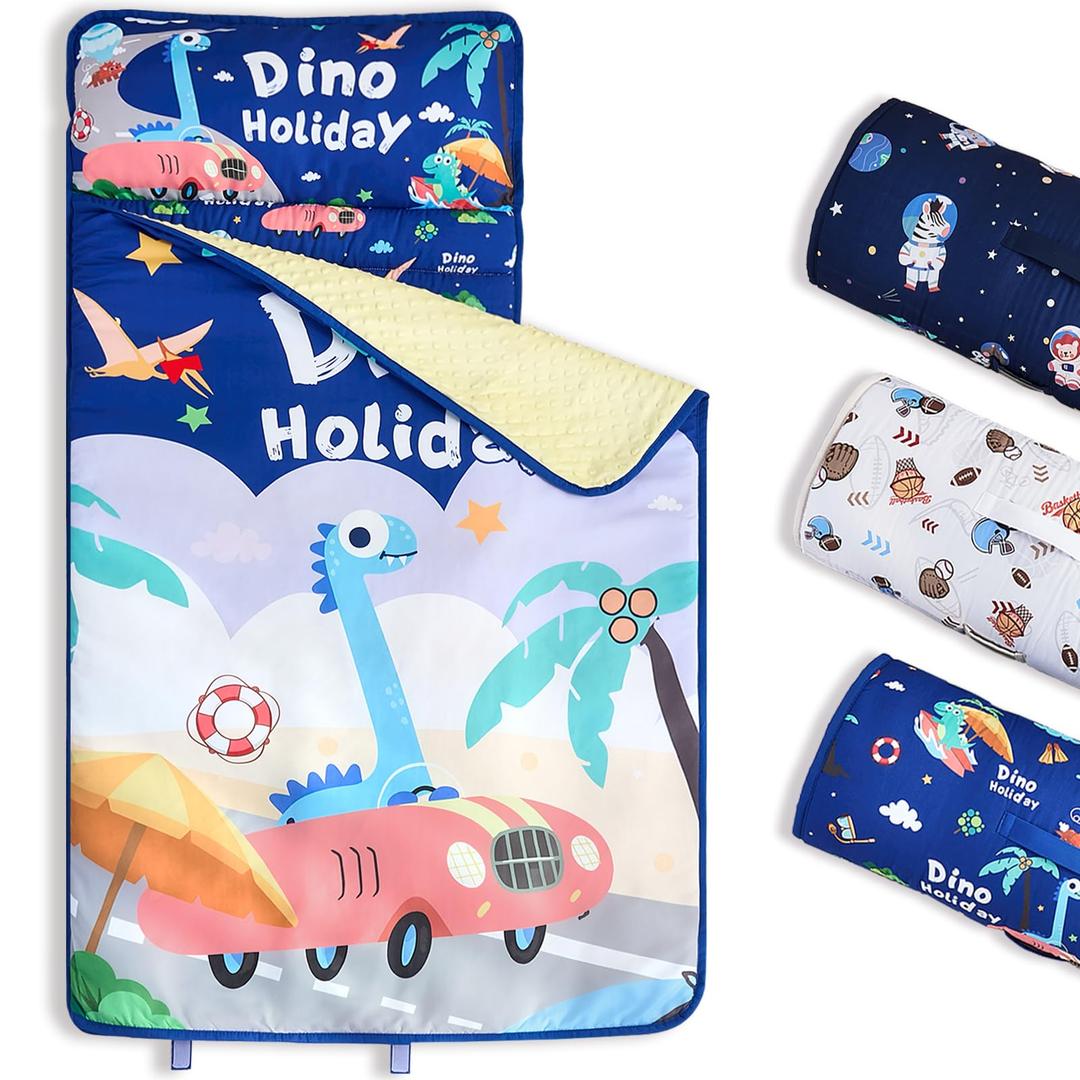 NacoMoco Toddler Nap Mat with Pillow and Blanket - Large Rolled & Ultra Soft Nap Mats for Daycare, Preschool, Kindergarten, Travel (Dino Holiday)