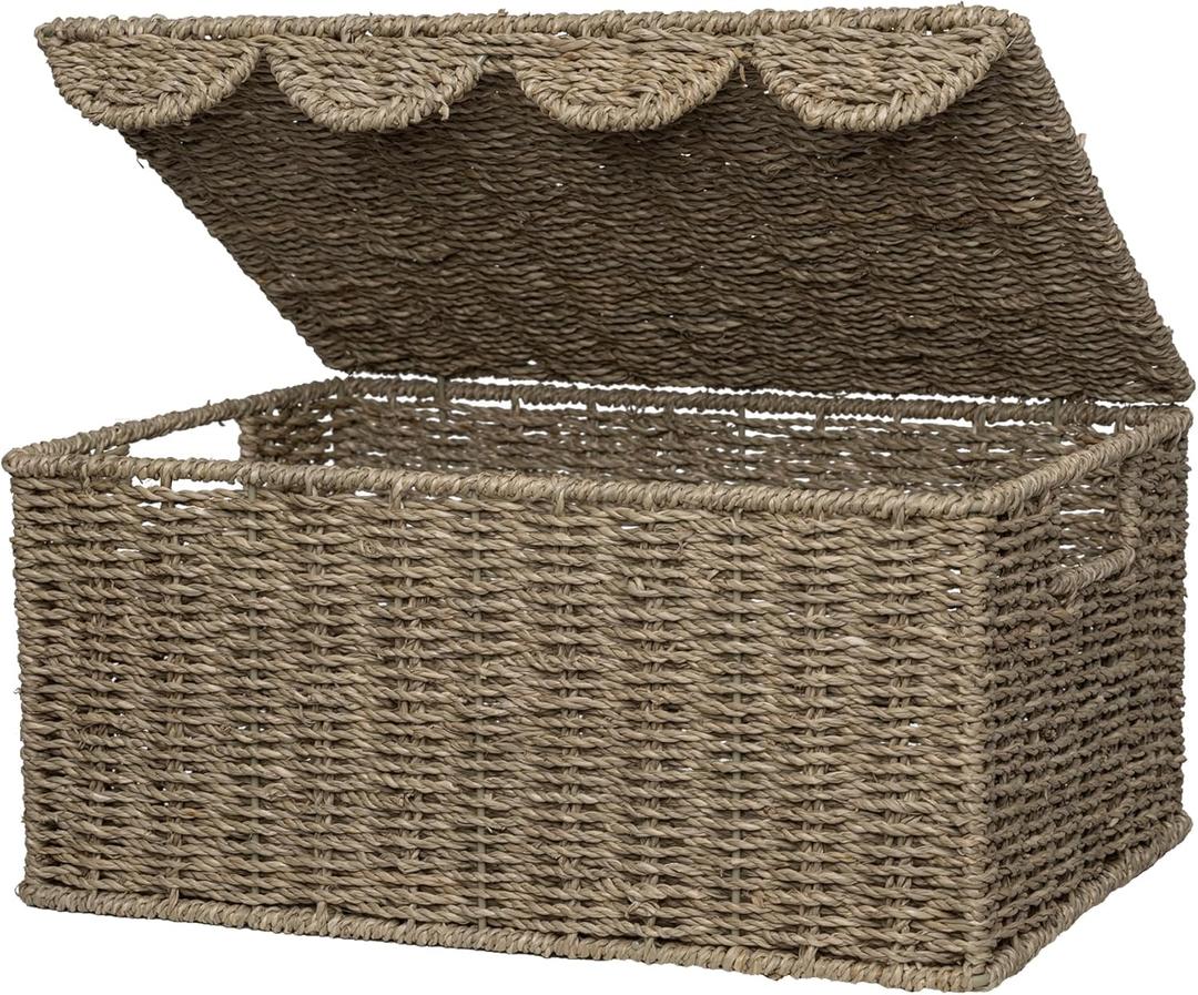StorageWorks Wicker Storage Basket with Scalloped Edge Lid, Wicker Basket with Built-in Handles, Handwoven Seagrass Box for Dcor, 13" L x 9 " W x 6" H