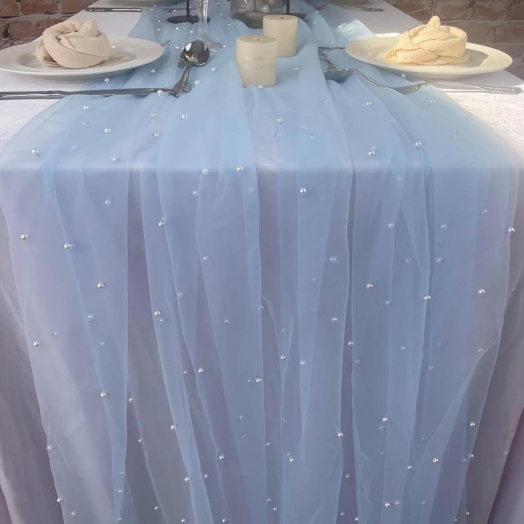 10ft White Lace Tablecloth with Pearl Table Runner, 29.5x120 Inch Tulle Chiffon Fabric for Wedding Decor, Birthday Party Dining Table Cover