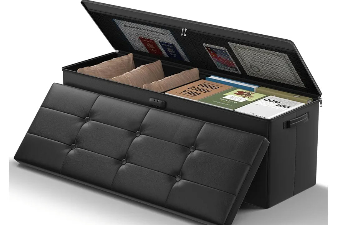JHSafer 43 Inch Folding Ottoman Bench, Fireproof Storage Chest with Lock, Leather Foot Rest Stool for Bedroom, Living Room, Hallway - Black