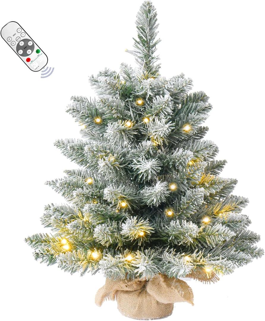20Inch Pre-lit Artificial Small Mini Christmas Tree with Warm White Multi-Color LED Lights, Remote Control and Timer, Perfect for Xmas Tabletop Decorations, Home, Kitchen, Dining Table top Snow (1ft 8in)