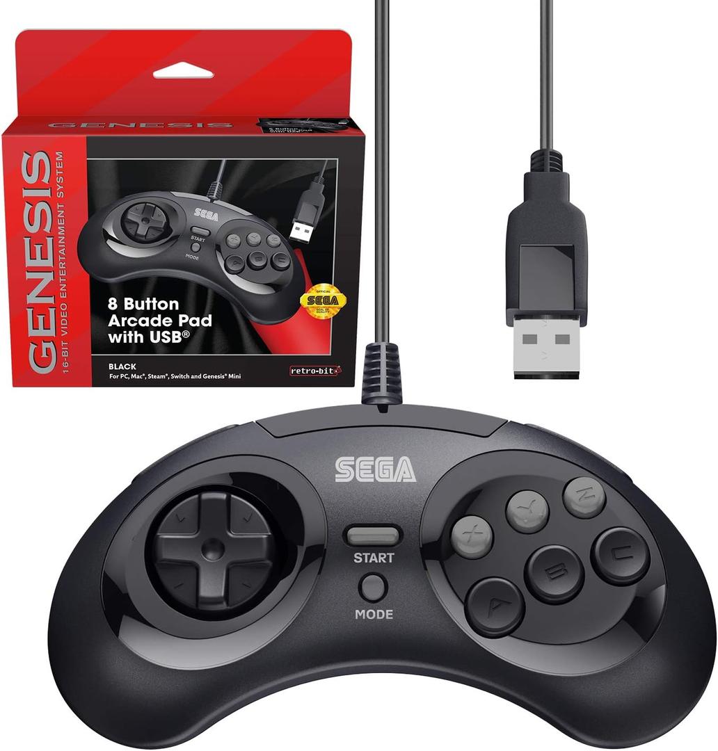 Retro-Bit Official Sega Genesis USB Controller 8-Button Arcade Pad for Sega Genesis Mini, Switch/Switch 2, PC, Mac, Steam, RetroPie, Raspberry Pi - USB Port (Black)