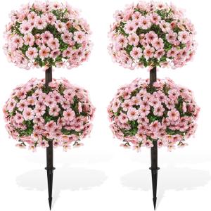 Daifunli 28 Inch Set of 2 Artificial Flowers Topiary Tree Double Ball Boxwood with Spikes for Outdoor UV Resistant Faux Shrubs, Realistic Fake Bushes for Garden Front Porch Patio Decor (Pink)