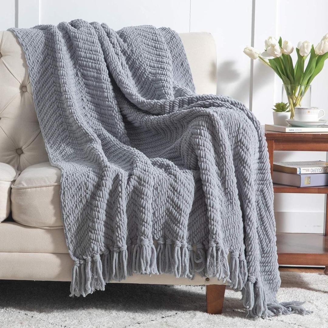Bedsure Throw Blankets for Couch - Textured Chunky Knit Woven Chenille Blanket - Super Soft, Warm Decorative Boho Throw with Tassels for Bed, Sofa and Living Room Decor, Grey, 50x60 Inches