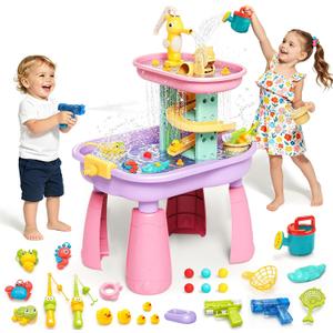 Toddler Water Table for Kids - Sand and Water Table with 28PCS Toy Accessories & Rain Shower Sprinkler, Outdoor Sensory Water Play Table, STEM Toy Summer Gift for Boys Girls Ages 3-8