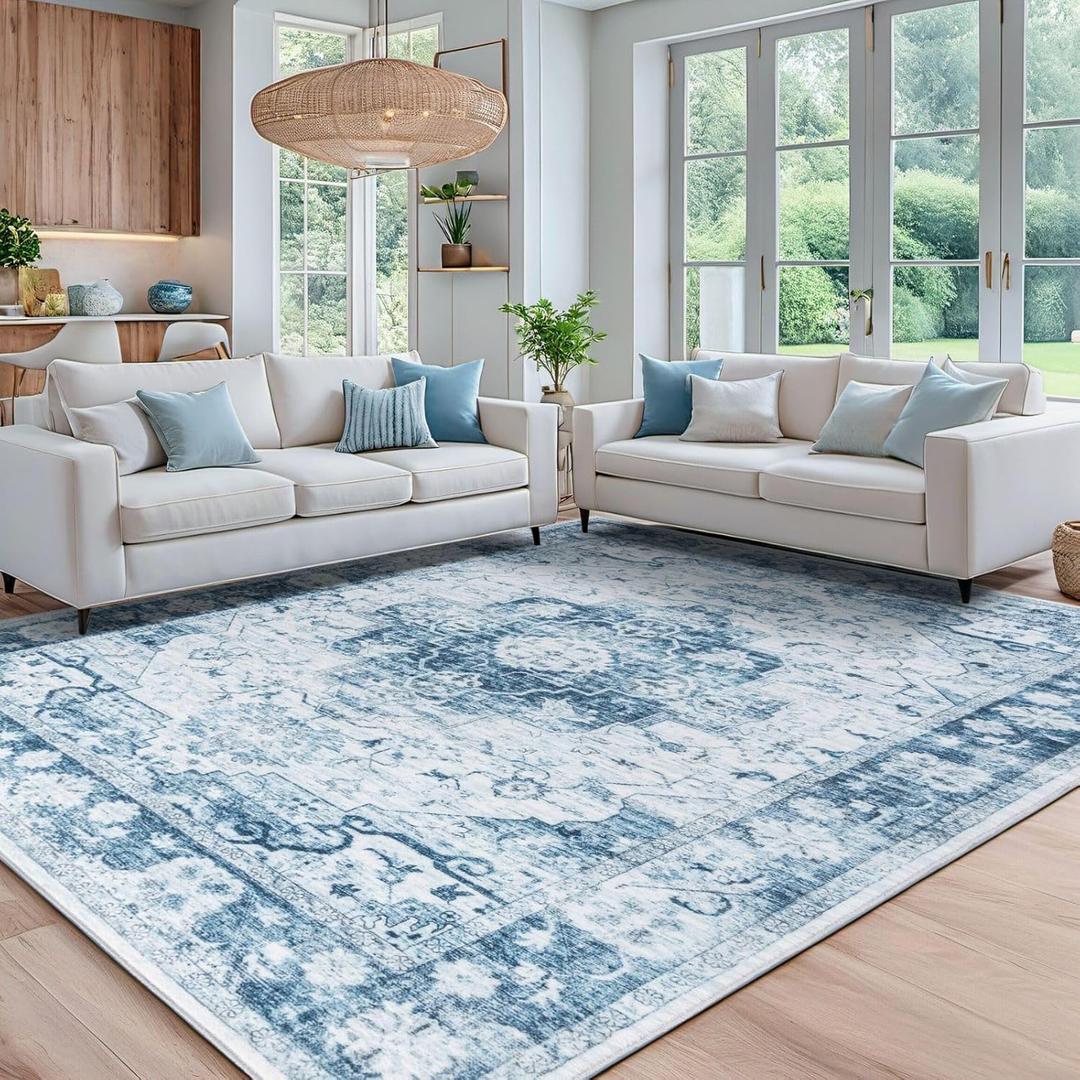 Syalife 8x10 Washable Area Rug, Ultra Soft Non-Slip, Low Pile, Stain Resistant Vintage Area Rug for Living Room, Boho Carpet for Bedroom, Dining Room, Office, Foldable Large Rugs, Light Blue/White