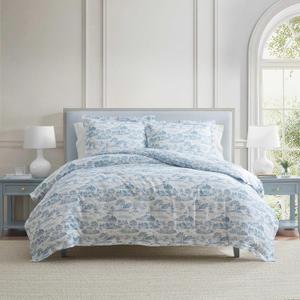 Martha Stewart - King Comforter Set, 100% Silky Smooth Cotton Sateen Bedding for Year Round Comfort, 3 Piece Bed Set with Matching Pillowcases (Farmhouse Toile Blue)