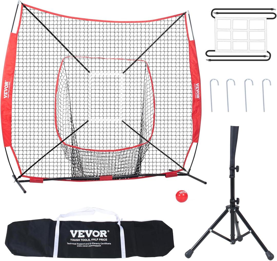 VEVOR Softball Practice Net, Portable Baseball Training Net for Hitting, Batting, Catching, Pitching - Backstop Equipment with Bow Frame, Carry Bag, Strike Zone, Batting Tee