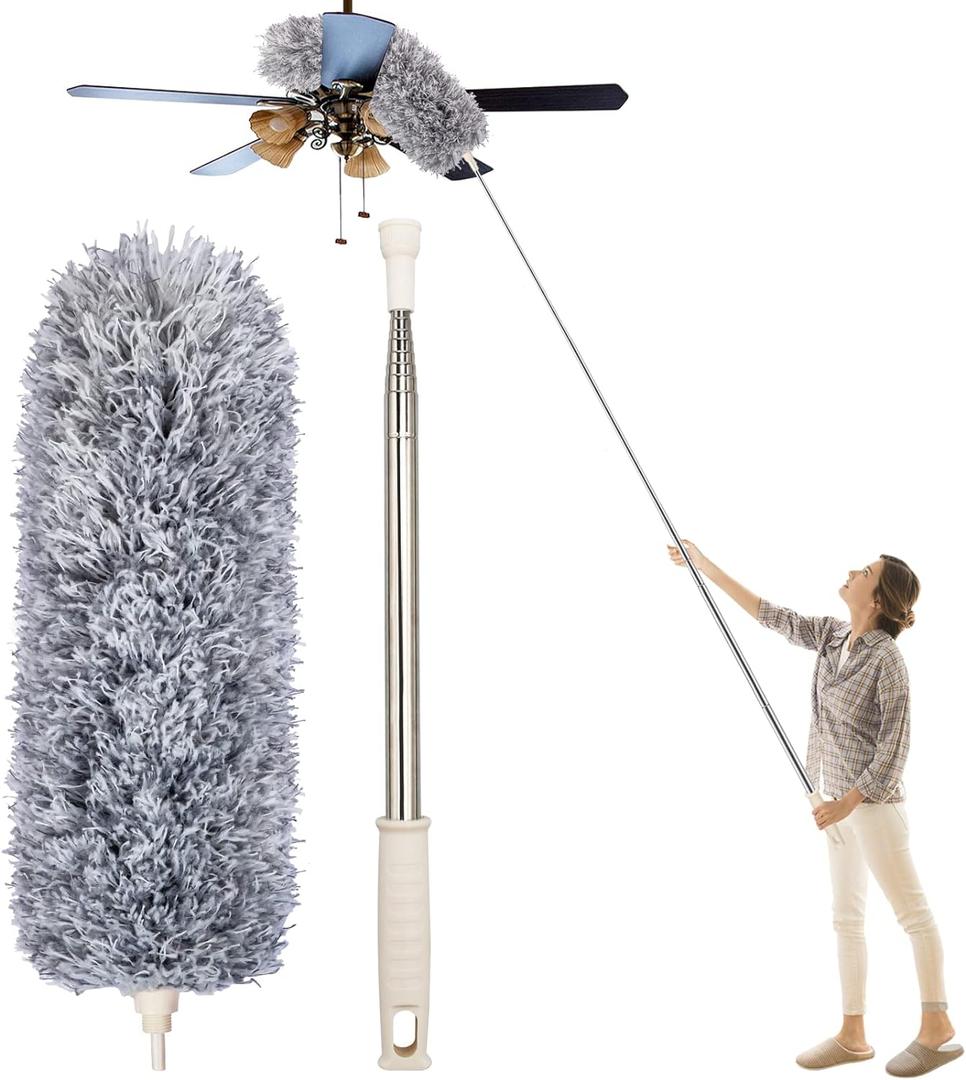 Dusters for Cleaning High Ceiling Fan, Newliton Microfiber Feather Duster with 30'' to 100'' Telescoping Extension Pole, Long Extendable Duster for Home Car Furniture Cobweb Gray, 1 Count