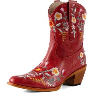 CRYSIGNE Women's Flower Embroidered Ankle Cowgirl Boots Floral Snip Square Toe Western Cowboy Boots Chunky Heel Pull On Short Boots (10, Red)