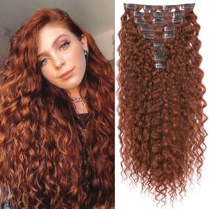 Hair Extension, LONAI 9PCS Clip in Hair Extensions, LN002 22" Long Curly Thick Heat Resistant Synthetic Soft Deep Wave Hairpieces for Women-Copper Red
