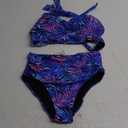 Tempt Me Women Two Piece Vintage Swimsuit Retro Halter Ruched High Waist Bikini with Bottom (Large, Blue Purple Leaves)