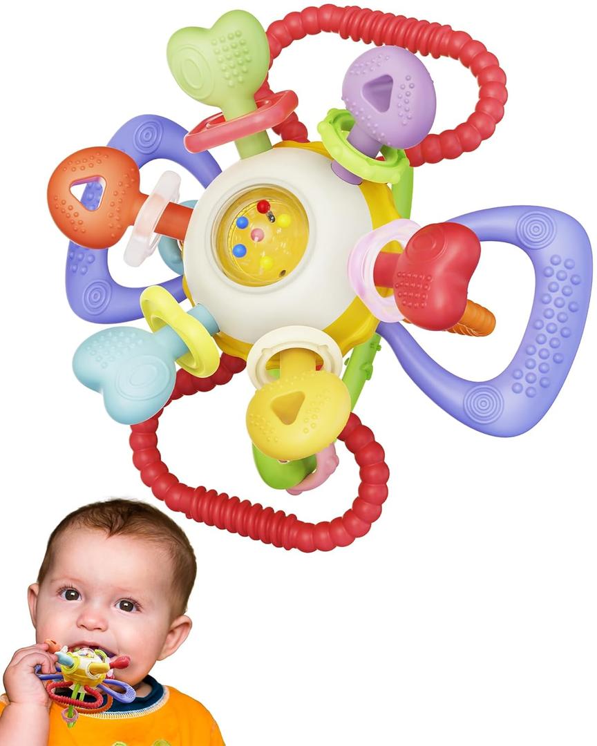 Baby Montessori Sensory Teething Toy - Safe, Multi-Functional BPA-Free Silicone Teether for Babies 0-12 Months - Teething Relief & Fun Play with Rattle - Perfect Baby Toys for Boys & Girls (Warm Color)