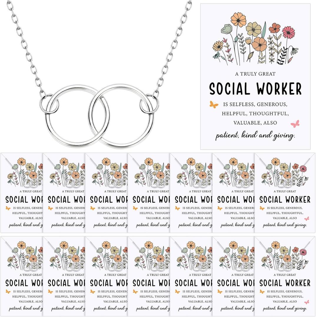 Huquary 12 Set Social Worker Month Employee Appreciation Gifts Bulk Social Worker Necklace with Inspiration Cards Motivational Thank You Gifts for Women Crna Nurse Teacher Volunteer Employee Coworker