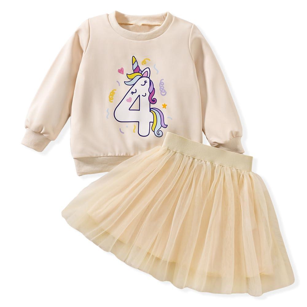 CPEI 4th Birthday Outfit for Toddler Girls 4 Year Old Fourth Four Sweatshirt Tutu Skirt Fall Clothes (Beige, 5T) (Beige)