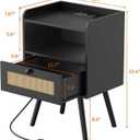 SUPERJARE Nightstands with Charging Station, Bedside Table Set of 2 with PE Rattan Drawers, Rattan Side Table with Storage & Solid Wood Feet, End Table for Bedroom, Black, 11.8"D x 15.9"W x 23.4"H