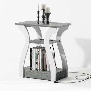 FROMJBEST End Tables Living Room, Grey End Table with Charging Station, Grey Side Table, Nightstand for Bedroom, 3 Tier End Table with Storage Shelf for Living Room