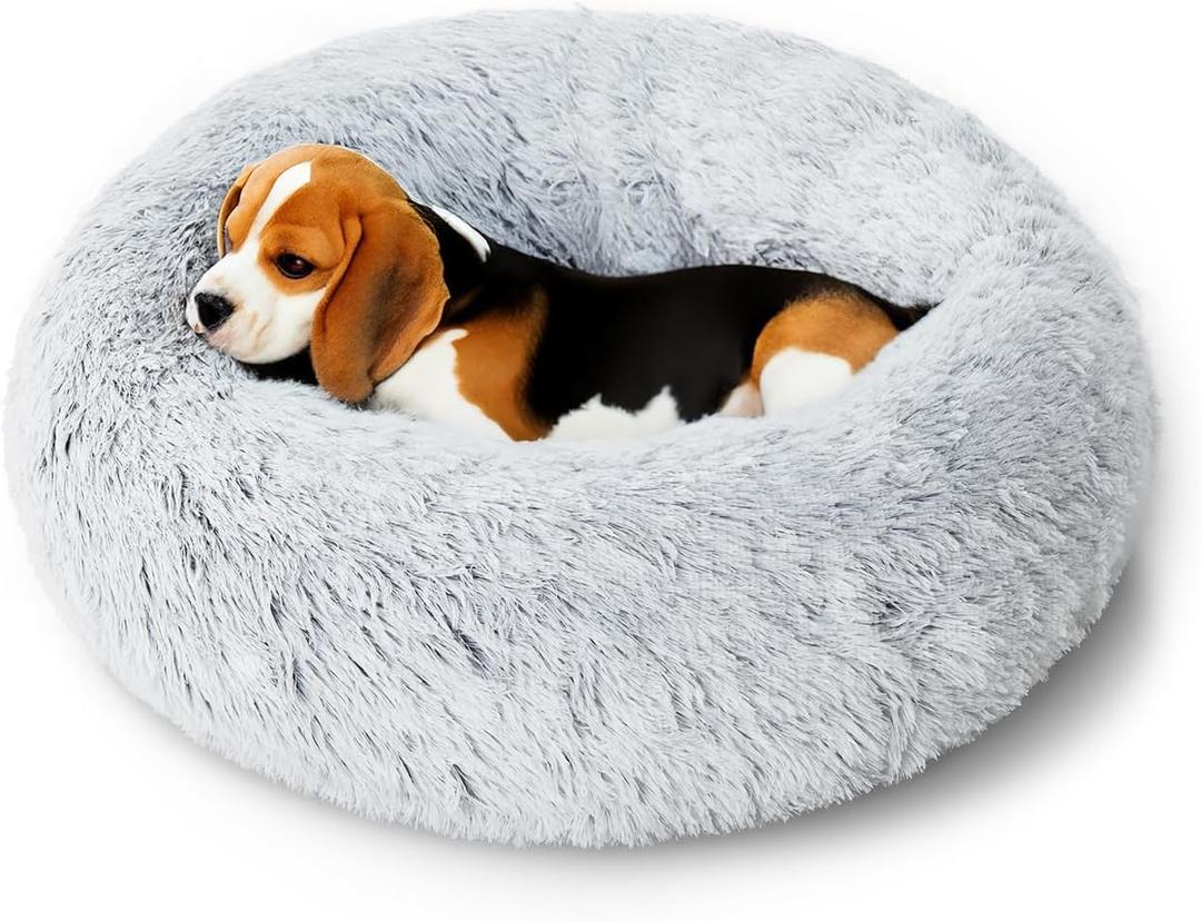 Small Dog Bed for Puppy and Cat, Calming Donut Dog Beds Washable and Non-Slip, Anti-Anxiety Fluffy Plush Faux Fur Comfort Pet Cushion (Light Grey, 20")
