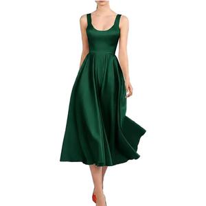 Women's Vintage Satin Cocktail Dresses Tea Length A-Line Prom Dresses Spaghetti Straps Scoop Neck with Pockets 2025 (Green), Size: US10