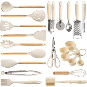CAROTE 22pcs Silicone Cooking Utensils Set, 446F Heat Resistant Kitchen Utensils Gadgets Set, Spatula, Turner, Whisk, Tongs (Cream White)