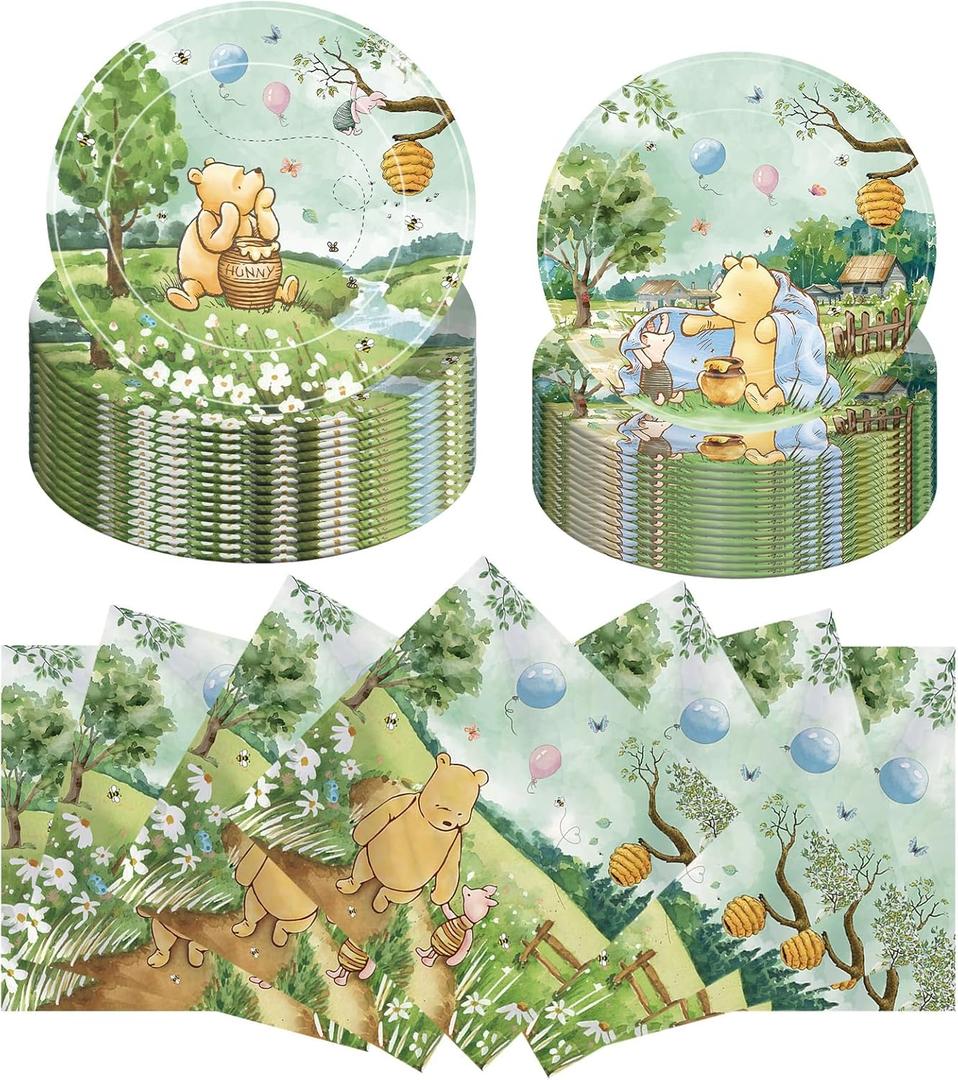 150pcs Baby Shower Decorations Boys Classic Bear Plates Napkins Boy Paper Disposable Dessert Plates Tableware Set for Newborn Kids Birthday Party Decorations Serves 50 Guests (Green)