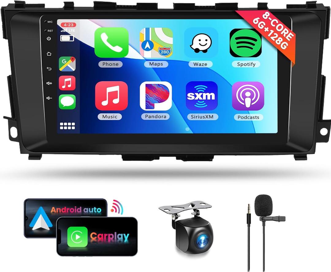 8 CORE 6G+128G Car Radio Stereo for Nissan Altima 2013-2018 with Wireless CarPlay/Android Auto, 9 inch 1280 * 720P IPS Touch Screen Android 13 GPS WiFi Bluetooth 32-Band DSP Camera