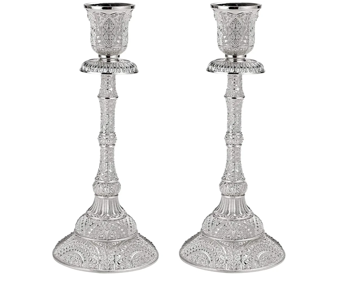 OwnMy Set of 2 Taper Candle Holders Vintage Metal Pillar Candlestick Holders 7.4”, Elegant Brass Candle Stick Holders Decor Candelabra Set for Dining Table Centerpieces Wedding Home Decoration, Silver