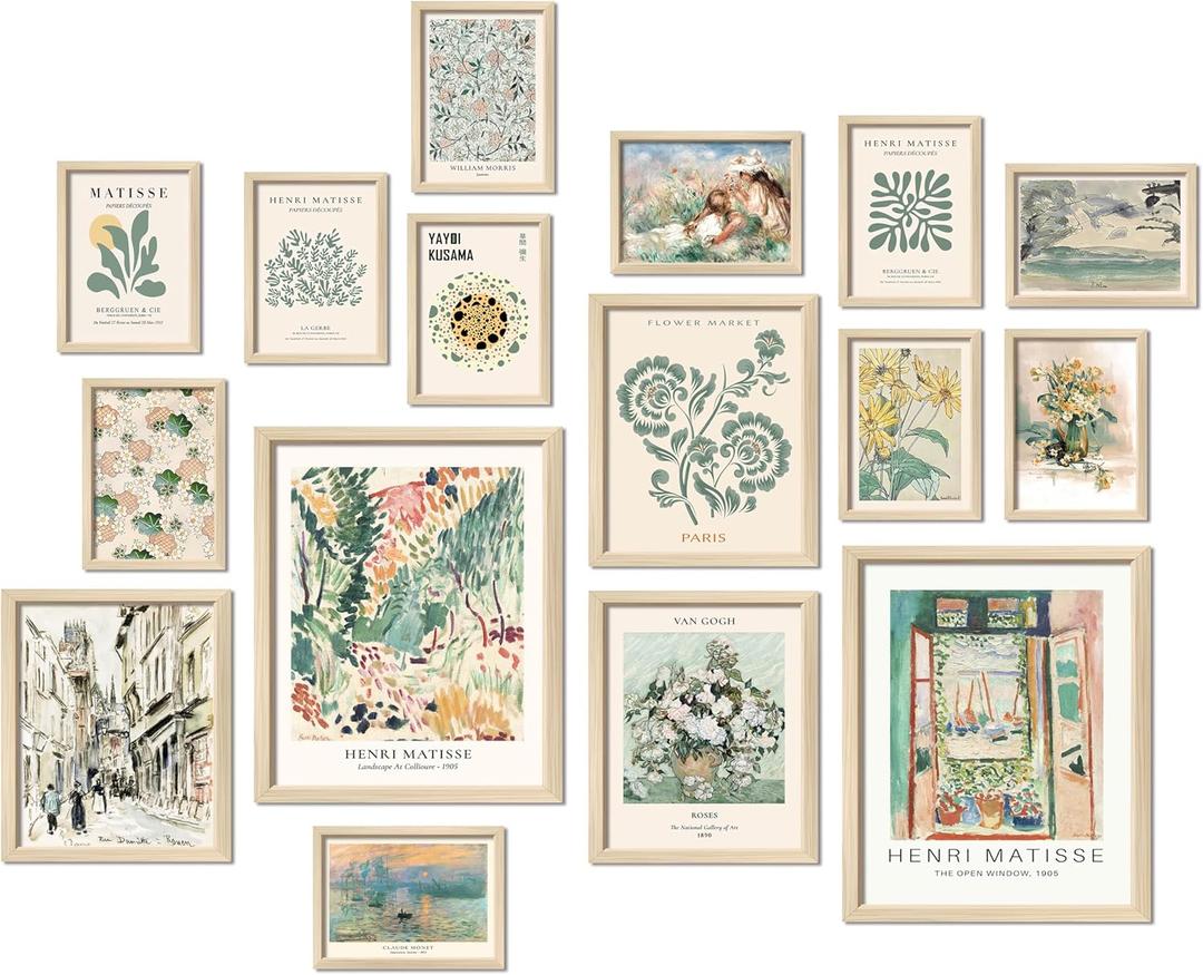 16 PCS Framed Sage Green Wall Art Decor, Matisse Wall Prints for Bedroom, Gallery Wall Frame Set, Abstract Posters for Living Room Aesthetic, Wall Collage Kit Pictures, Boho Dorm Home Decor (12"x15" Framed)
