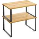 SONGMICS Cabinet Organizer Shelf, Set of 2 Kitchen Counter Shelves, Kitchen Storage, Spice Rack, Stackable, Expandable, Metal and Engineered Wood, Ink Black and Natural Beige UKCS02NB