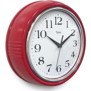 Lily's Home Retro Wall Clock, 9.5 Inch Vintage Design, Silent Non-Ticking Quartz Movement, Battery Operated, Perfect for Kitchen, Living Room, Office, and Indoor Use (Vintage Red)