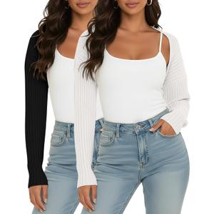 2 Pack Women Crop Cardigan Sweater Bolero Shrug Open Front Long Sleeve Shrug Knit Drop Shoulder Y2K Winter Outfits (Small, Black, White)