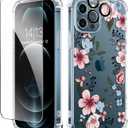GVIEWIN for iPhone 12&iPhone 12 Pro Case Floral, with Screen Protector&Camera Lens Protector,[Non Yellowing] Soft Shockproof Clear Phone Protective Cover for Women, Flower Pattern 6.1" (Catharanthus/Pink)