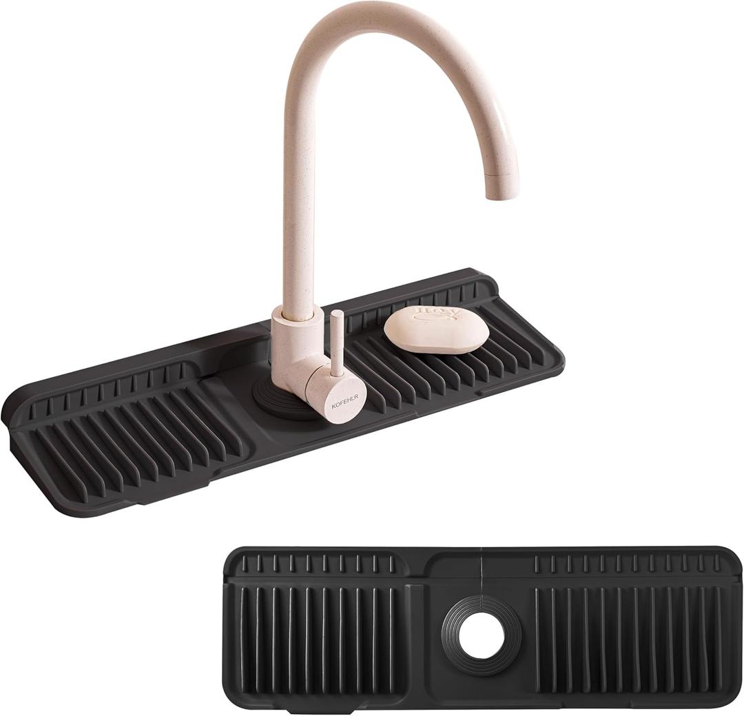 17.7" Silicone Sink Splash Guard - Multi-Functional Kitchen Sink Mat with Drip Tray, Sponge Holder & Soap Dish, 6 Slope Design for Easy Drainage, Foldable & Fasten Button for Secure Fit, Black