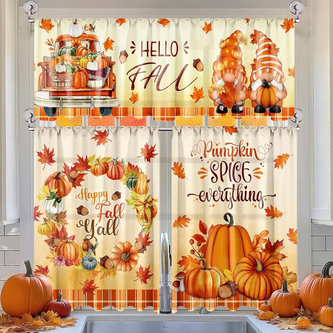 Breling 3 Pcs Fall Pumpkin Kitchen Curtains Valances and Tiers Set for Windows Pumpkins Maple Leaf Gnomes Thanksgiving Decor Short Curtain Set for Bedroom Window Treatment Decor Party Favor Supplies