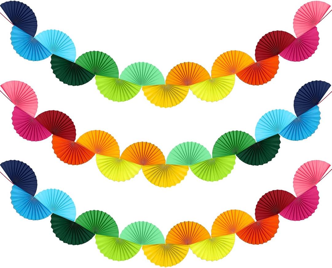 3 Pack Wedding Paper Fans Garland 15.6ft Colorful Background Ceiling Hanging Decorations Set for Birthday Party Supplies 3D Bachelorette Party Decorations (Rainbow)