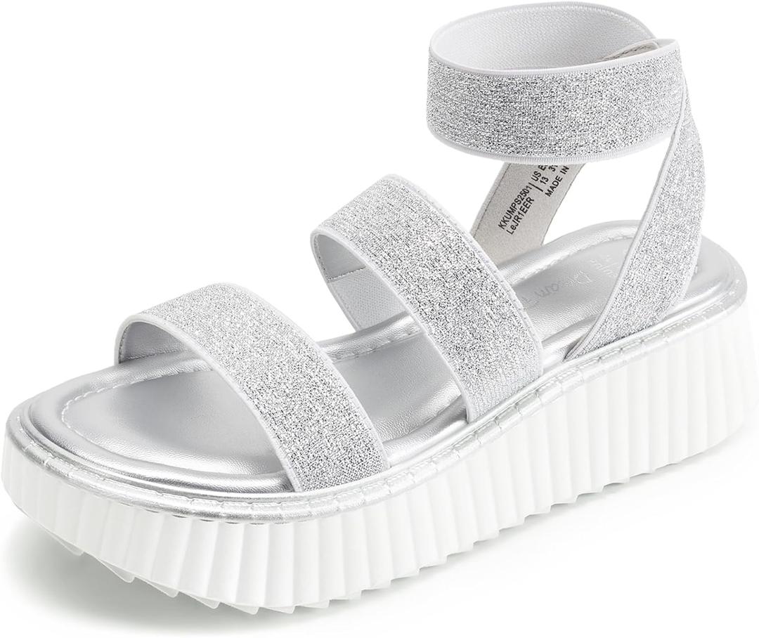 DREAM PAIRS Girls Flatform Wedge Open Toe Platform Summer Sandals with Buckle Ankle Strap for Little Kid/Big Kid (Silver), Size: 2 Little Kid