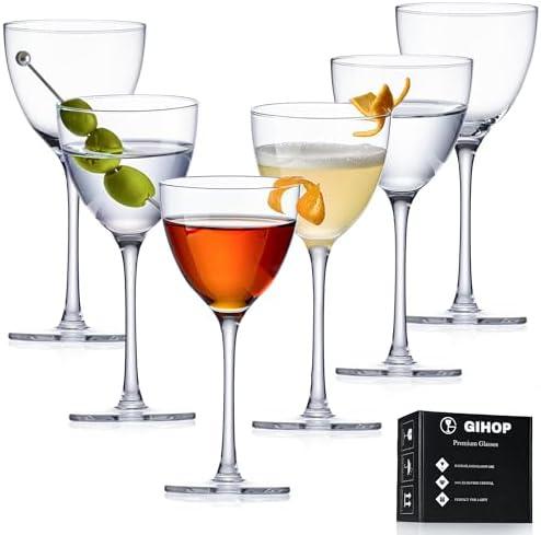 GIHOP Nick and Nora Cocktail Glasses, 5.8Oz Hand Blown Martini Glasses Set of 6, 100% Lead-Free Craystal Coupe Glassware, Small Cocktail Glasses for Manhattan, Cosmopolitan, Espresso with Gift Box