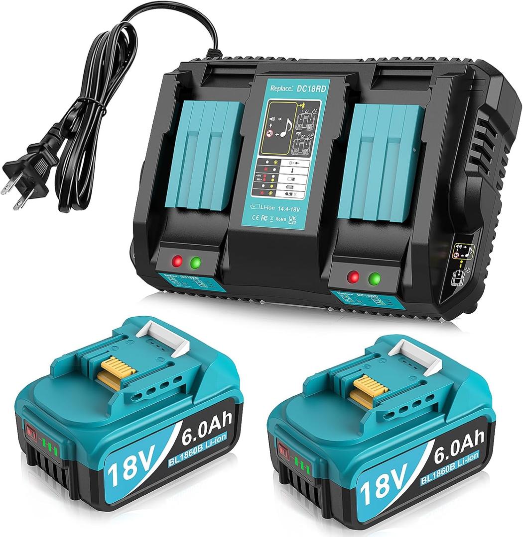 2Packs 6.0Ah Replacement for Makita Battery 18V with 2-Port Charger
