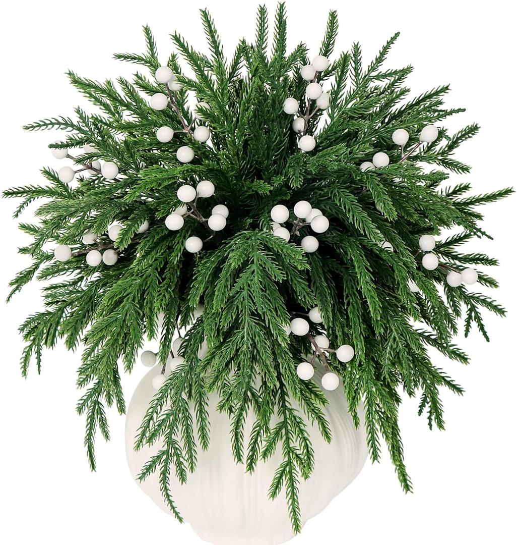 Set of 40 Artificial Norfolk Pine Branches with White Berry 12.8" Christmas Greenery Picks Norfolk Pine Stems Fake Tree Needle Sprigs for Vase Filler DIY Craft Garland Home Decorations (Green White)
