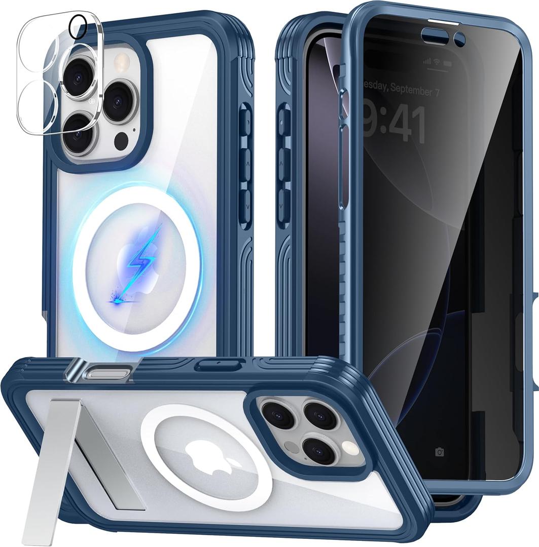 360 Protection Magnetic for iPhone 16 Pro Case Built-in 9H Privacy Screen Protector & Metal Stand[Fit for Magsafe][Anti-Spy][Lens Protector] Heavy Duty Shockproof Phone Case for iPhone 16 Pro