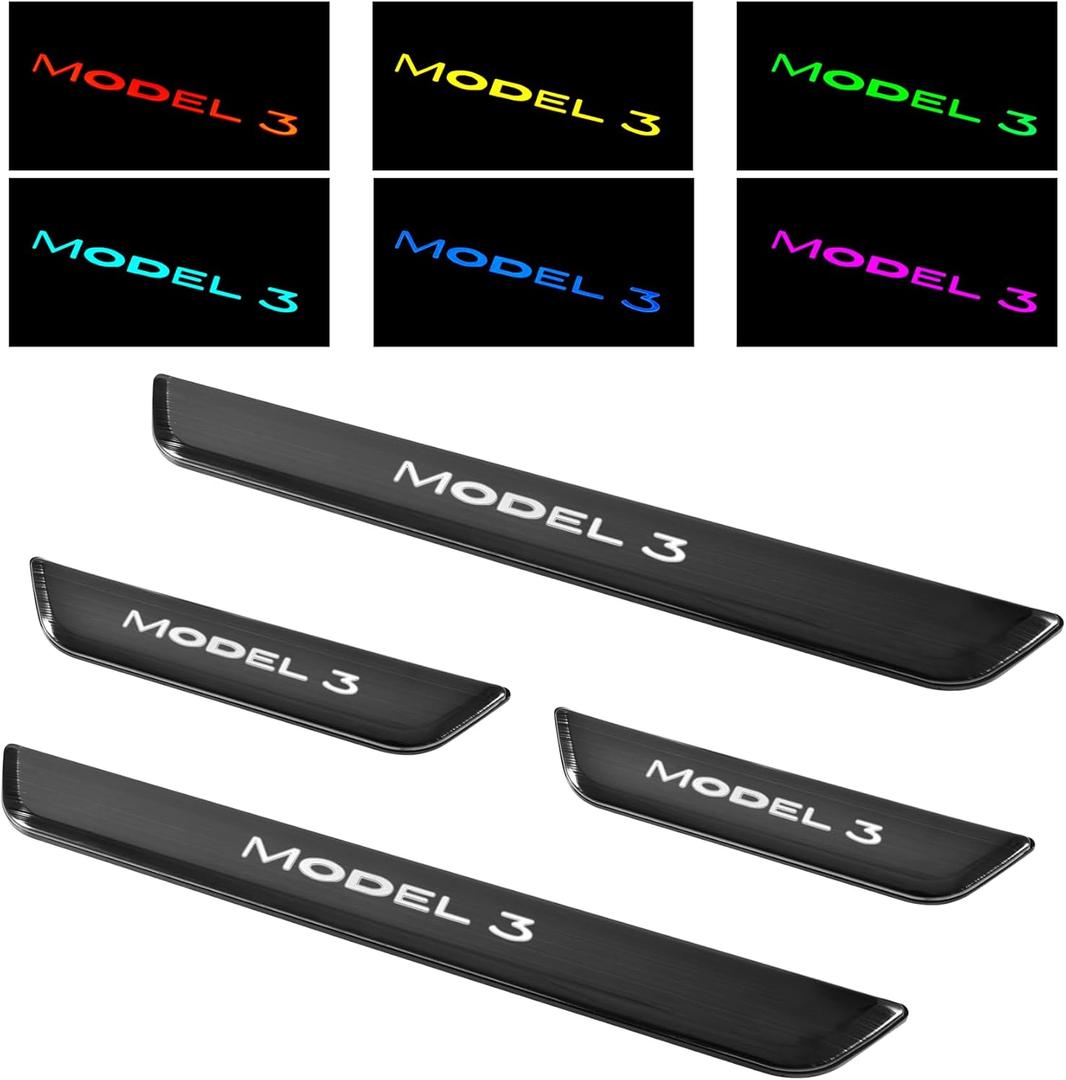 LED Door Sill Lights for Tesla Model 3 2017-2026 Accessories, 4PCS
Brushed Textured, ABS Scratch-Resistant, Sill Protector with 7-Color RGB Lighting, Battery Powered, Model 3 Pedal Mood Lamp, 4PCS