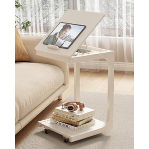 AQIMUELE Wooden C-Shaped End Table,Couch Table with Adjustable Desktop,Small Rolling Side Table with 2 Lockable Wheels,Small End Table for Couch, Living Room,Bedroom (White), 15.6"D x 15.7"W x 24.8"H