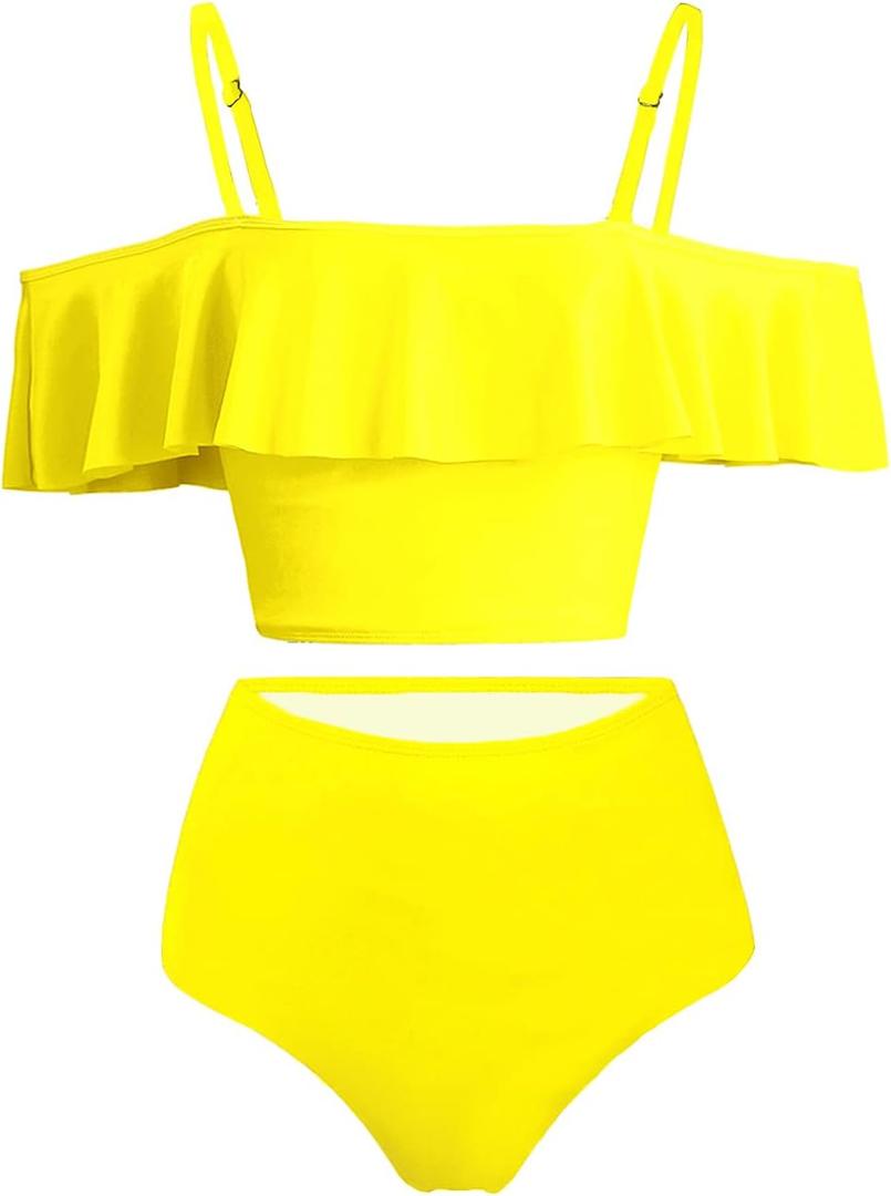 Kaei&Shi High Waisted Flounce Bikini Set,Tummy Control Swimsuits for Women,Off Shoulder (X-Large, Pure Yellow)