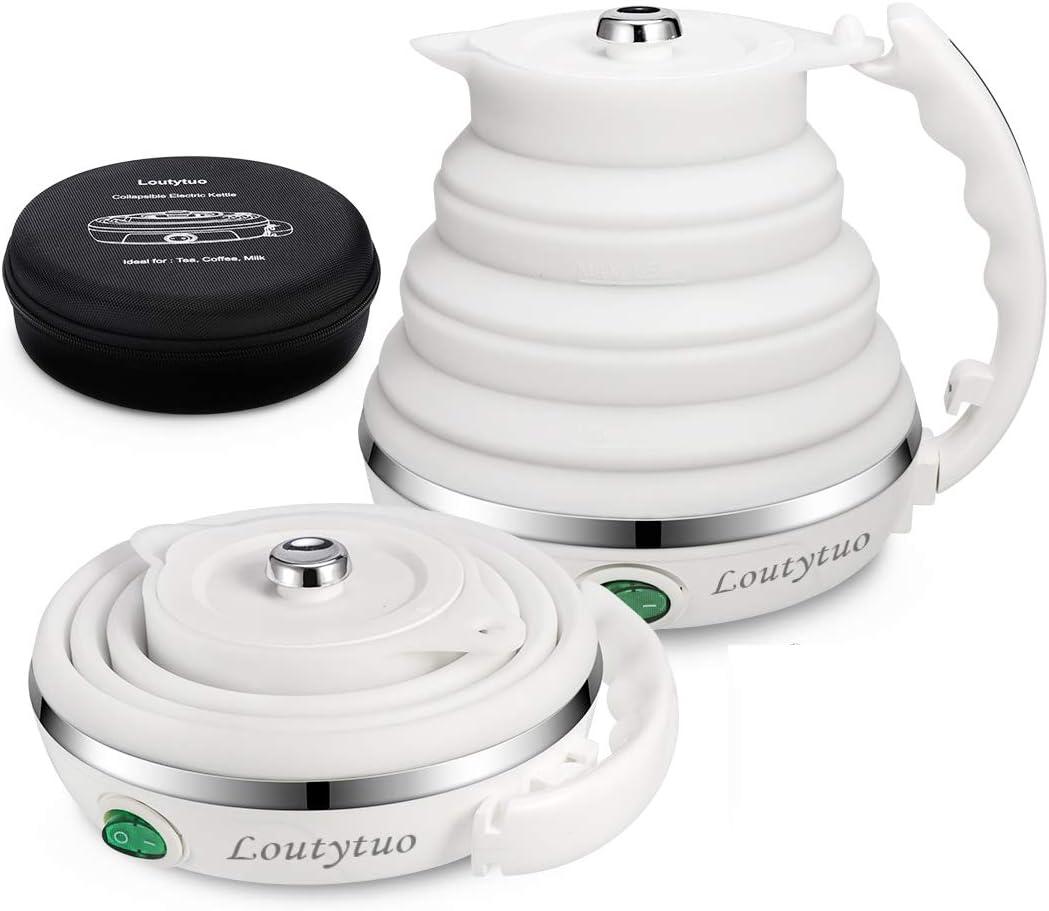 Ultrathin Upgraded Food Grade Silicone Travel Foldable Electric Kettle Boil Dry Protection Portable with Dual Voltage and Separable Power Cord,555ML 110-220V US Plug (White)