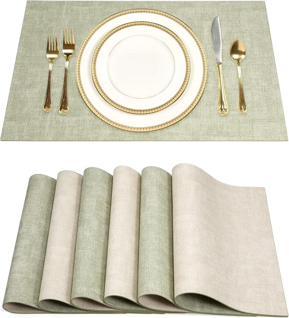 SUEH DESIGN Leather Placemats Set of 6 Reversible Table Mats Heat Resistant Waterproof No-Slip Place Mats for Dining Table Kitchen Parties (A: Light Green & Beige)