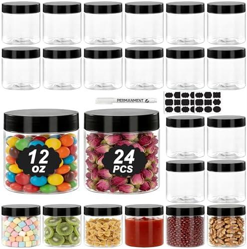 YIKORLO 24 Pack Plastic Jars with Lids, 12oz Clear PET Jars Containers with Airtight Lids, Black Lids Plastic Storage Jar with Pen & Labels for Dry Food Kitchen Craft Storage Office Storage