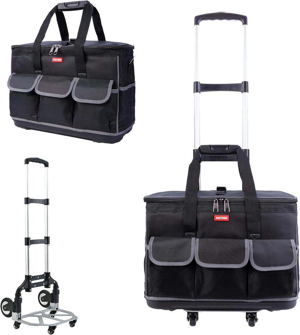 Rolling Tool Bag with Wheels - Aluminum Alloy Trolley for Electrician & HVAC